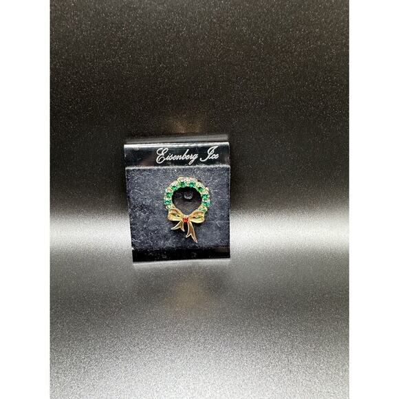 Vintage Eisenberg Ice Signed Gold Tone Rhinestone Christmas Wreath Brooch - Picture 7 of 9